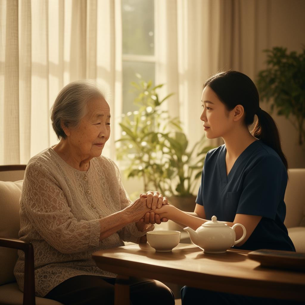 An adult granddaughter caregiver gently holding her grandmother's hand over tea