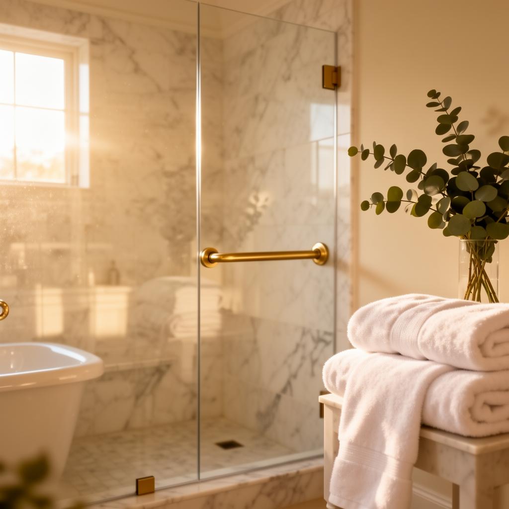 A warm luxury bathroom with safety support that feels like home
