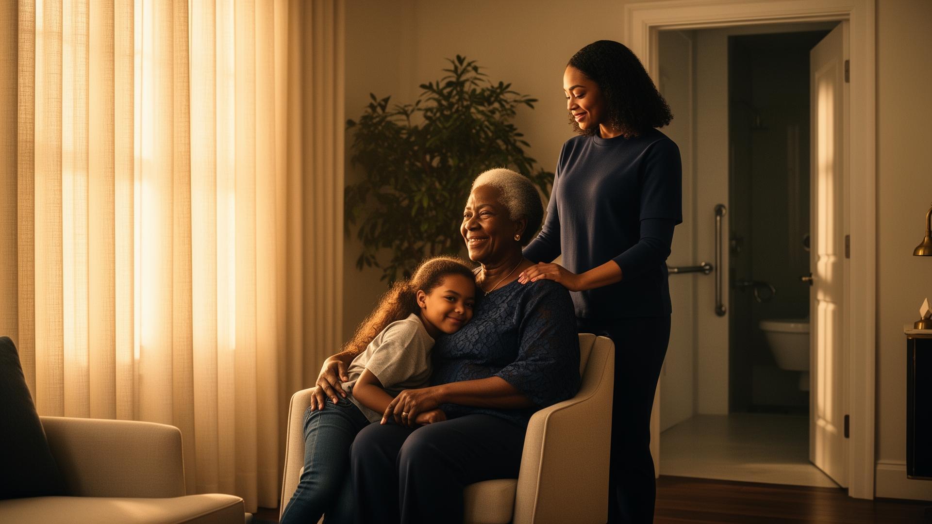 A grandmother and her adult daughter share a tender, sunlit moment at home