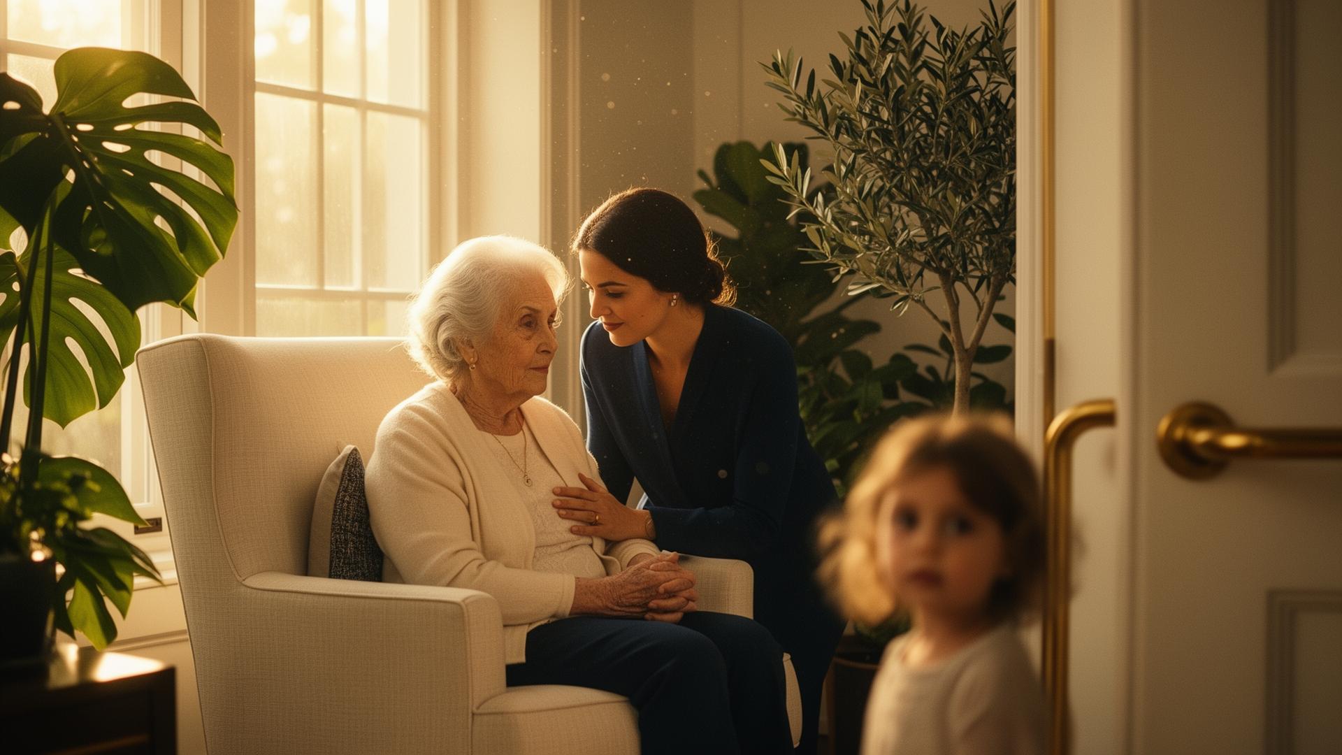 A grandmother and her adult daughter share a tender, sunlit moment at home, indoor plants and a brass grab bar softly visible at the doorway